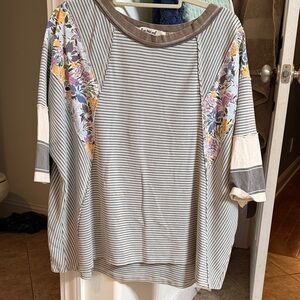 Three Bird Nest Striped Floral Short Sleeve Tee - Gray, White, Purple, Yellow